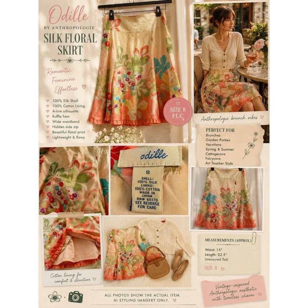 VTG Odille Silk Floral Skirt 8 Anthropologie Luxe Boho Peach Fairycore Ruffle
